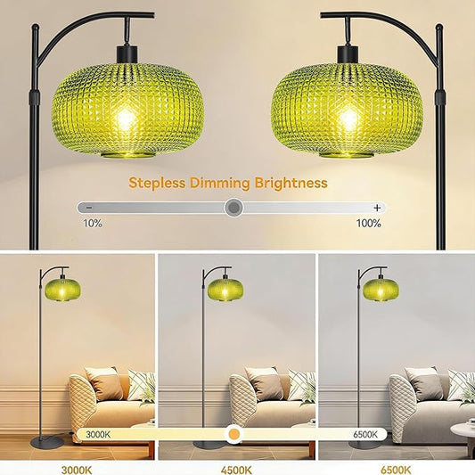 Floor Lamp for Living Room with Green Glass Shade, Modern Standing Lamp with Remote Control, Black Dimmable Tall Lamp for Bedroom Office with 12 LED Bulb