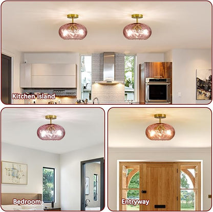 Red Glass Semi Flush Mount Ceiling Light - 12 Inch Hammered Glass Hallway Light fixtures, Vintage Gold Flush Mount Ceiling Light,Mid Century Light Fixture for Entryway Laundry Room Foyer Porch
