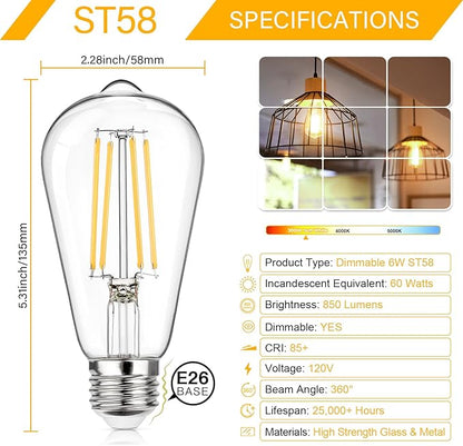 MAXvolador 12-Pack Dimmable Vintage LED Edison Bulb 60W Equivalent, 6W 850Lumens Soft White 3000K ST58 Antique Filament Light Bulbs, E26 Base
