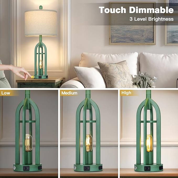 27" Tall Coastal Lamp,Retro-Green Vintage Bedside Nightstand Lamps with USB C+A & AC Outlet,3-Way Dimmable Touch Control Table Lamps for Bedroom Living Room with Night Light,Single Green