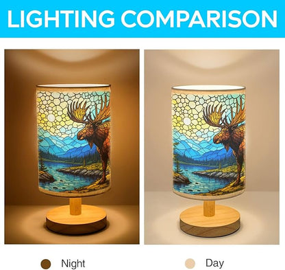 Moose Table Lamp LED 3-Color Pressed Bedside, Moose Shade Lamp with Wood Base for Bedroom Living Room Desk Office TL01