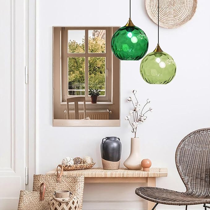 7.8 Inches Dark Green Glass Globe Pendant Lights Fixtures E26 Modern Farmhouse Glass Ball Pendant Lighting with Gold Brass Finish (Dark Green)