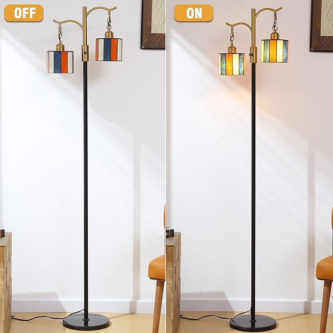 Vintage Dimmable Floor Lamp, Tiffany Standing Lamp with 2 Stained Glass Shades, Rustic Farmhouse Floor Lamp with Black and Gold Finish for Living Room Bedroom