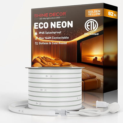 Shine Decor LED Neon Rope Lights Connectable, 82FT Flexible AC110V 120V Neon LED Strip Lights(Amber Golden Yellow) Outdoor Waterproof, ETL Plug&Play Neon String Lighting 120LED/M for Home & Commercial