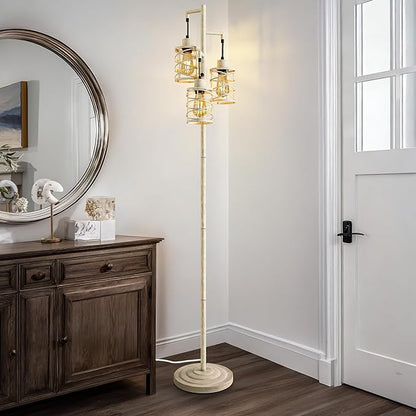 BOBOMOMO 70" Farmhouse Dimmable Floor Lamp, Weathered White Rustic Industrial Metal Cage Standing Lamp with 3 LED Bulbs, Stepless Dimming Tall Tree Lamp for Living Room, Bedroom, Entryway, Corner