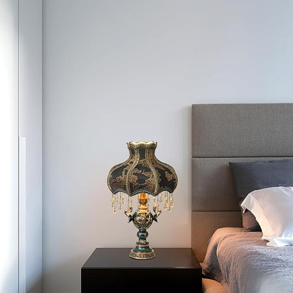 Victorian Style Table Lamp, Antique Flower Decorative Bedside Desk Lamp, Blue Fabric Night Light Elegant Bedside Nightstand Lamps for Bedroom Living Room