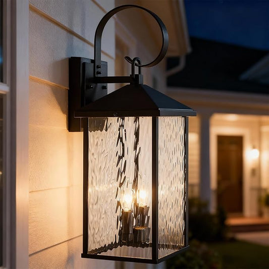 Large Outdoor Wall Lights Fixtures Wall Mount, 21.65" Large Outdoor Lanterns for Porch Light Fixture 2-Light, Modern Exterior Lighting Fixtures with Water Ripple Glass for Outside Patio