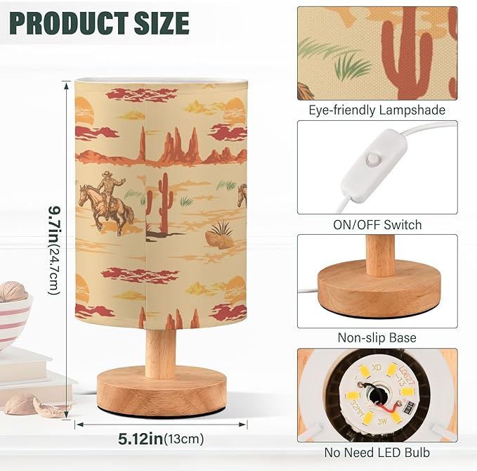 Bedside Lamp West Cowboy Horse Cactus Table Lamp for Bedroom LED Nightstand Lamp Shade USB Ports Wood Base for Living Room Dorm Office