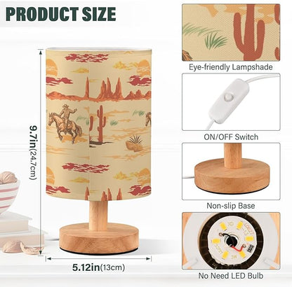 Bedside Lamp West Cowboy Horse Cactus Table Lamp for Bedroom LED Nightstand Lamp Shade USB Ports Wood Base for Living Room Dorm Office