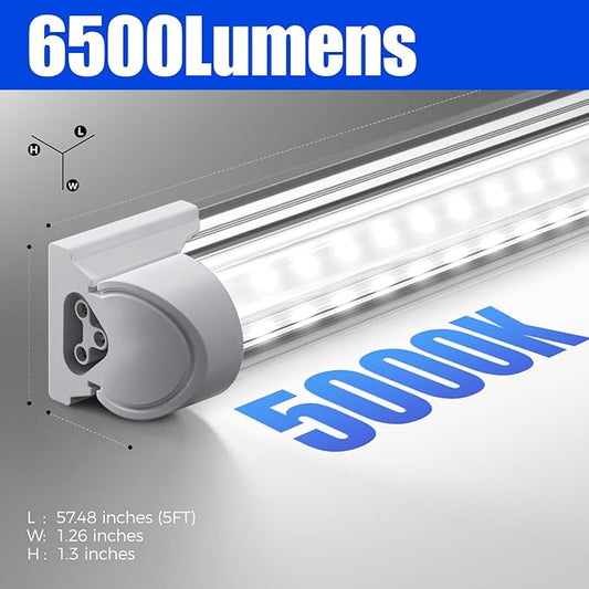 Barrina LED Shop Lights, 5FT, 50W, 6500LM, 5000K, Clear Cover T8 V-Shape Light Fixture, Linkable Shop Lights for Garage, Workshop, Warehouse, Basement, ETL Listed, 6 Packs