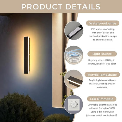 Modern Outdoor Wall Lights 23.6" LED 3000K Outdoor Wall Light for House Exterior Wall Garage Entrance Lighting Fixtures IP65 Waterproof Long Strip Wall Sconces for Doorway Patio Passage