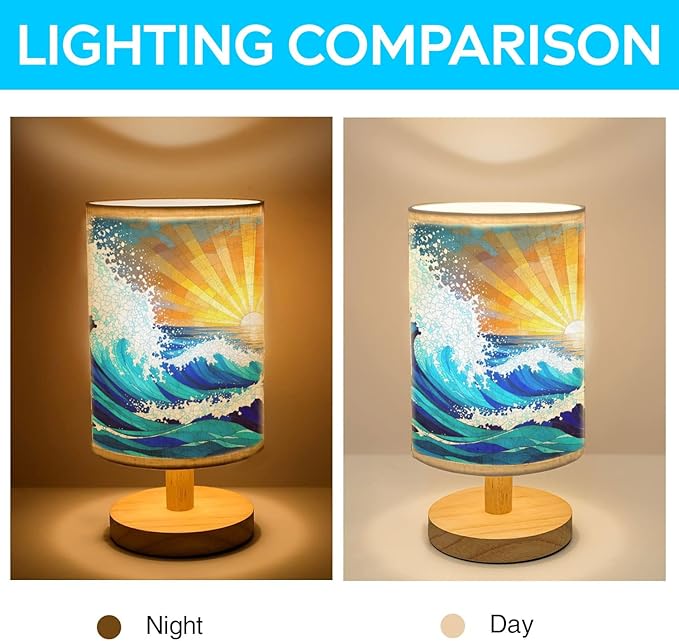 Sea and Ocean Waves Table Lamp LED 3-Color Pressed Bedside, Sea and Ocean Waves Shade Lamp with Wood Base for Bedroom Living Room Desk Office TL01