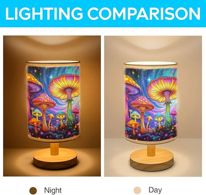 Psychedelic Mushrooms Table Lamp LED 3-Color Pressed Bedside, Psychedelic Mushrooms Shade Lamp with Wood Base for Bedroom Living Room Desk Office TL01