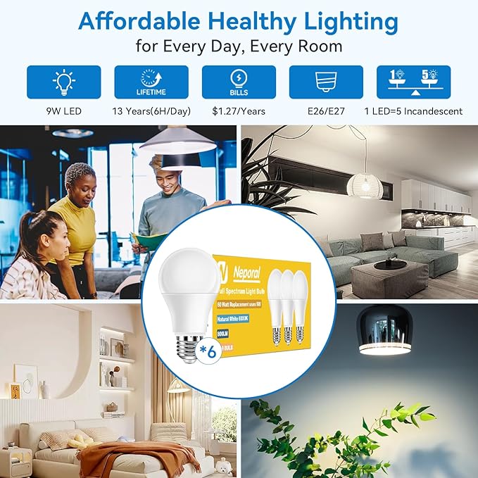 Neporal Full Spectrum Light Bulb, 6000K UV-Free Daylight Sunlight Light Bulbs, 9W (60W Equivalent) LED CRI 90, Flicker-Free, 30,000 Hrs Lifespan, E26/E27 Natural Light Bulb for Home & Office - 6PK