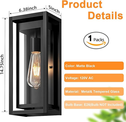15" Large Outdoor Light Fixture Wall Mount, Matte Black Outdoor Sconce Lights, Modern Waterproof Exterior Porch Lights with Clear Glass Shade for Front Door, Garage, 1 Pack