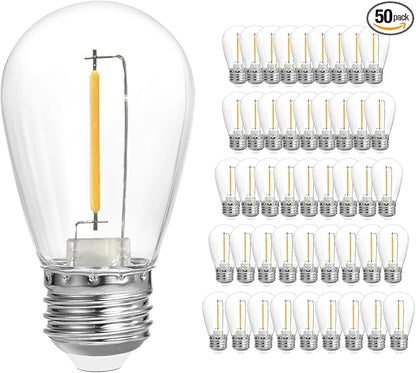 SUNTHIN 50 Pack Dimmable 1W S14 Replacement LED Bulbs, 2700K Warm White Waterproof Outdoor String Lights Vintage LED Filament Bulb, Shatterproof E26 Screw Base Edison Light Bulbs