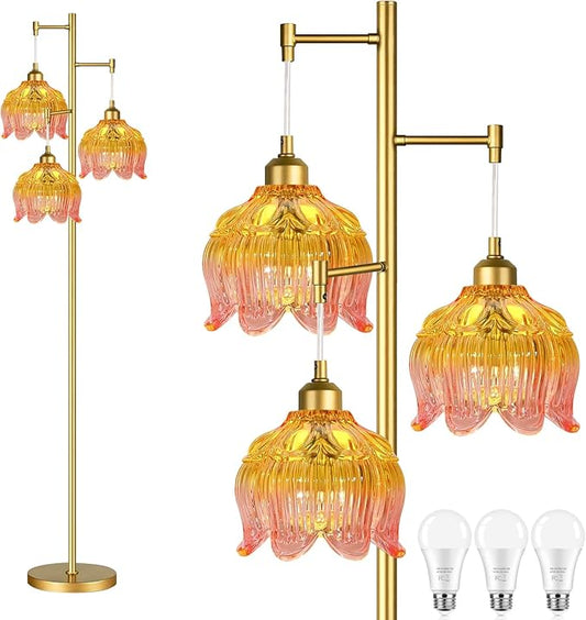 Glass Floor Lamp for Living Room,Bedroom,Gold Mid Century Modern Standing Lamp Brass Tree 3 Light Tall Floor Lamps Vintage Retro Floor Lights Flower Lamp Shade Farmhouse Boho Bohemian