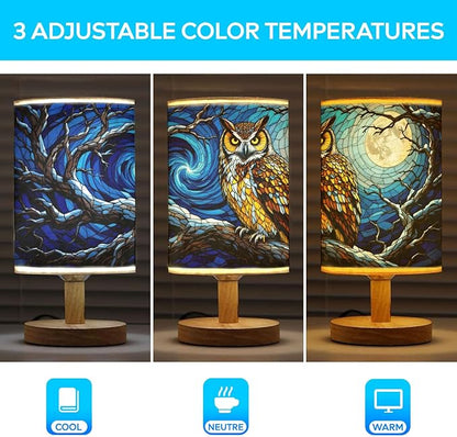 Owl Table Lamp LED 3-Color Pressed Bedside, Owl Shade Lamp with Wood Base for Bedroom Living Room Desk Office TL01