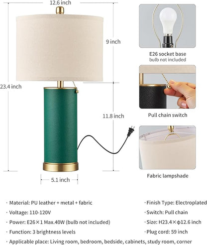 KDG 23.4" Green PU Leather Table Lamps for Living Room Set of 2, 3 Level Brightness LED Modern Home Decor Fabric Lampshade Desk Lamp Lighitng for Bedroom, Bedside, Farmhouse, Nightstand, Night Light
