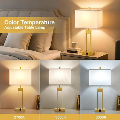 GyroVu 25.5" Nightstand Table Lamps for Bedrooms Set of 2, Bedside Lamp with USB C+A, Colors Changeable Living Room Lamp, Modern Night Stand Lamps for Bed Side Guest Room Reading, Gold+White Shade