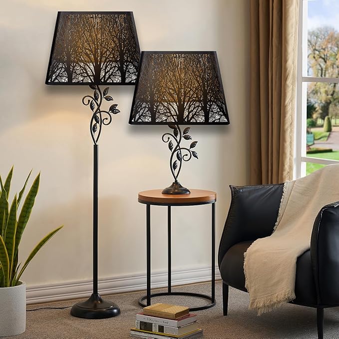 Medium Square Lamp Shades, ALUCSET Metal Lampshade with Pattern of Trees for Table Lamp and Floor Light, 9 x 12 x 8.8 Inch, Spider (Black/Gold)