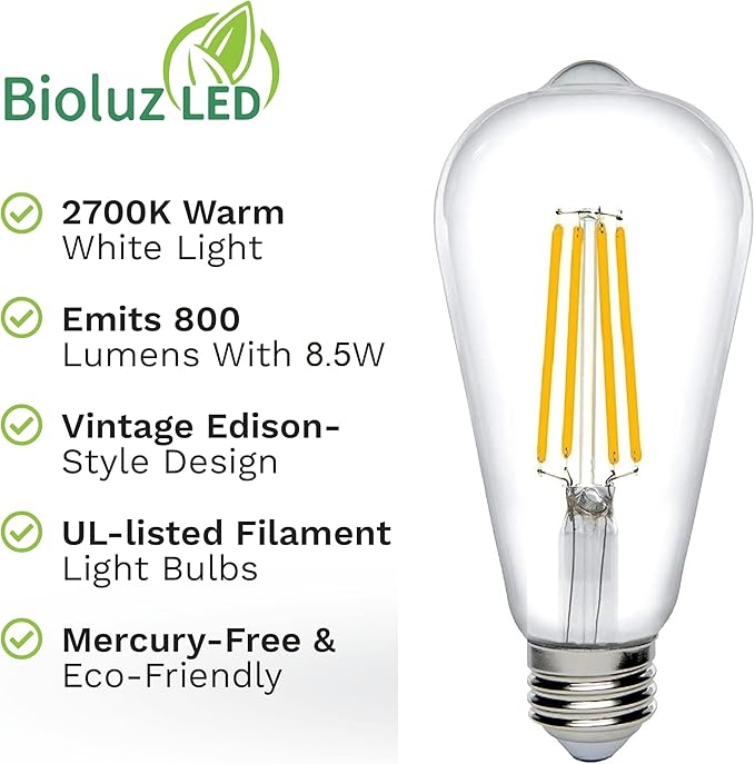 Bioluz Dimmable Warm Edison Light Bulbs - 800 Lumen Warm White 2700K LED Replacement for Incandescent Light Bulbs - 6-Pack Vintage Warm Light Bulbs for Dimmable Light Fixtures