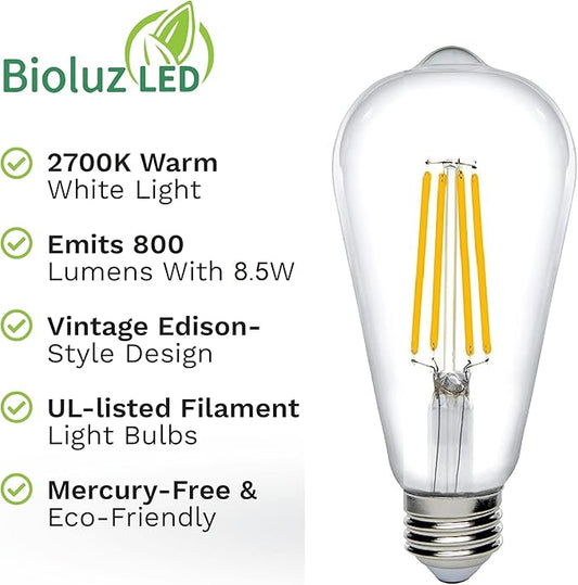 Bioluz Dimmable Warm Edison Light Bulbs - 800 Lumen Warm White 2700K LED Replacement for Incandescent Light Bulbs - 6-Pack Vintage Warm Light Bulbs for Dimmable Light Fixtures