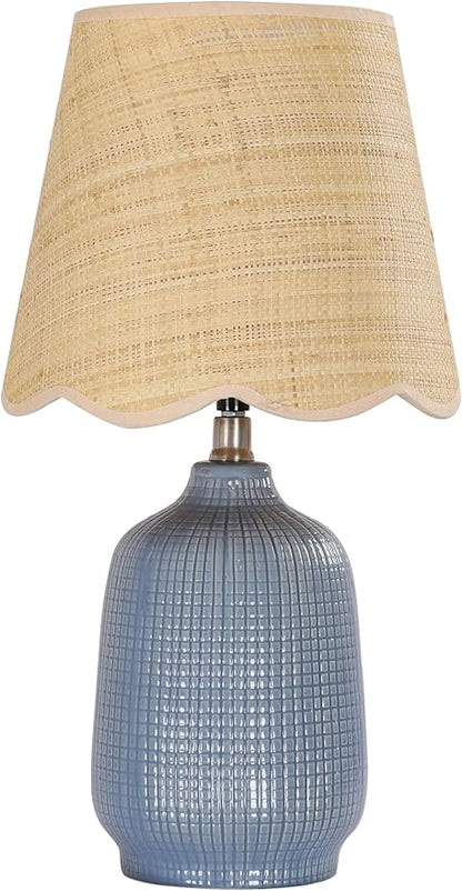 19" Boho Ceramic Table Lamp, Handmade Ceramic Base with Rattan Shade, Farmhouse Plug-in Bedside Nightstand Lamps for Bedroom, Living Room, E26 Socket, Navy Blue
