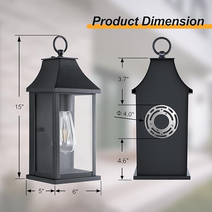 Dusk to Dawn Outdoor Light Fixtures, 15" Outdoor Wall Light Fixtures, Black Exterior Wall Sconce Lights, Waterproof Outside Lantern Lamp for Porch, Front Door, Garage