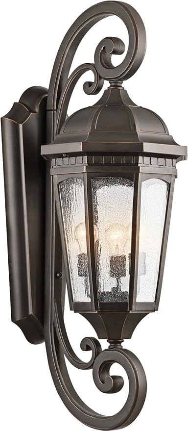 Kichler Courtyard 40.50" 3 Light Outdoor Wall Light with Clear Seeded Glass in Rubbed Bronze