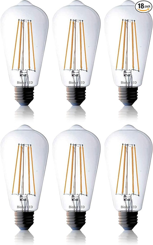Bioluz Dimmable Edison Light Bulbs - 800 Lumen Soft White 3000K LED Replacement for Incandescent Light Bulbs - 18-Pack Vintage Soft White Light Bulbs for Dimmable Lighting and Soft Lighting