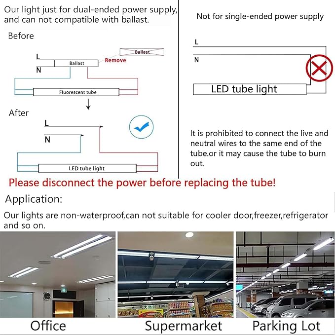 4ft T8 LED Tube Lights,36W 3600lm,White 6500K,R17d Base,45.8 inches End to End,60W F48T12 Fluorescent Bulb Replacement,Ballast Bypass,Dual-Ended Connection,Sign,Shop Lighting,Pack of 10