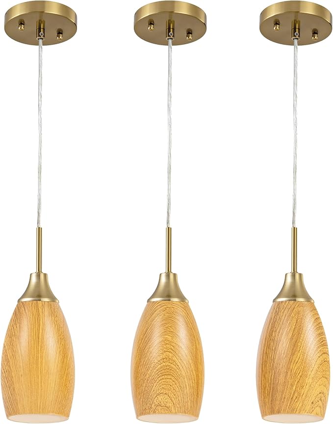 Mini Glass Pendant Light 4.72" Walnut Wood Grain Pendant Lights 3-Pack Handblown Art Oval Glass Hanging Pendant Light for Kitchen Island Dining Room Living Foyer Hallway Entry Brushed Gold