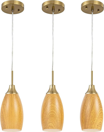 Mini Glass Pendant Light 4.72" Walnut Wood Grain Pendant Lights 3-Pack Handblown Art Oval Glass Hanging Pendant Light for Kitchen Island Dining Room Living Foyer Hallway Entry Brushed Gold