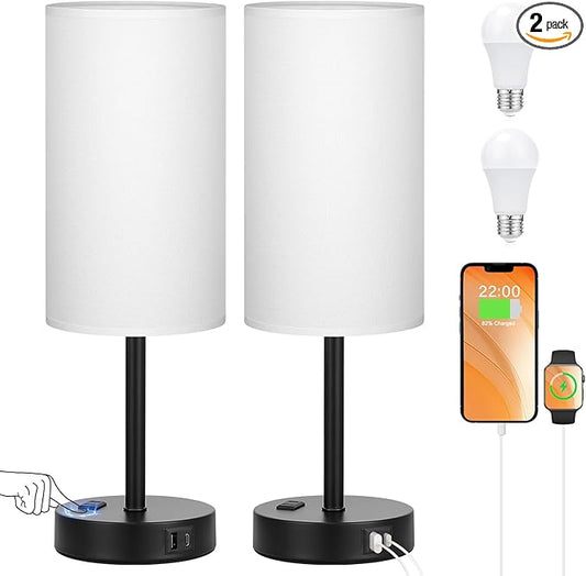 17.4inches Tall White Bedroom Lamps Set of 2-3 Way Dimmable Touch Table Lamps with USB C and A Ports, Lamps for Nightstand with AC Outlet, Desk Lamps with Black Base for Office