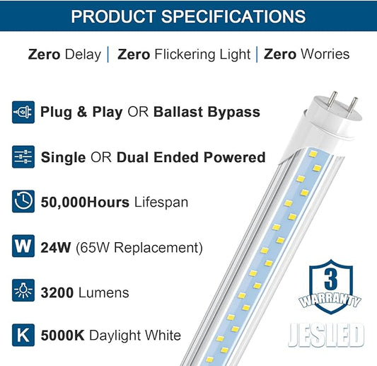 JESLED 4FT LED T8 Type A+B Tube Lights, 24W(65W Equivalent), 3200LM, 5000K, Single or Double End Powered, Plug and Play or Ballast Bypass, 4 Foot T10 T12 Fluorescent Bulbs Replacement, Clear(12-Pack)