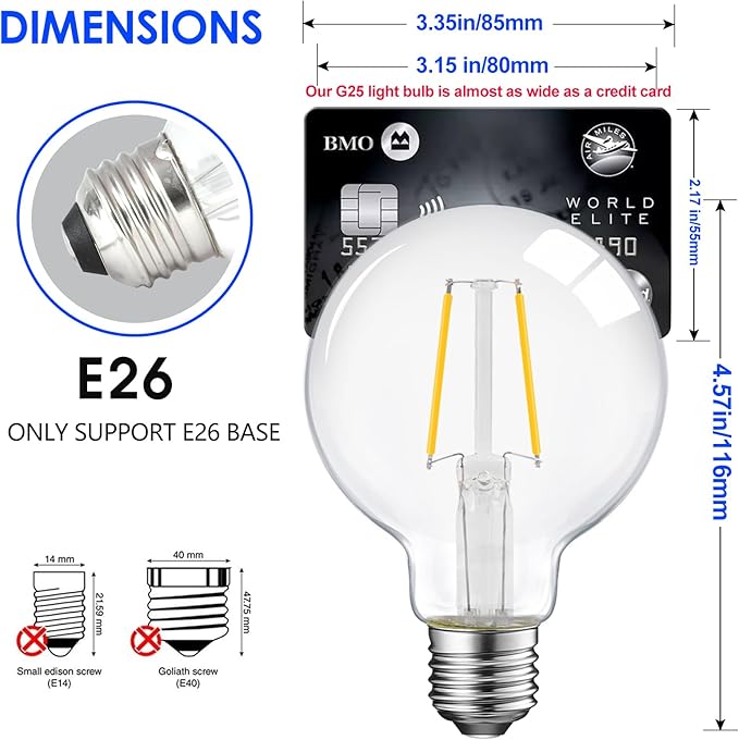 ENERGETIC SMARTER LIGHTING Dimmable LED Edison Light Bulb, G25 (G80) Globe Bulb, 60W Equivalent, 3000K Warm White, Christmas Light, E26 Standard Base, ETL Listed, 6-Pack