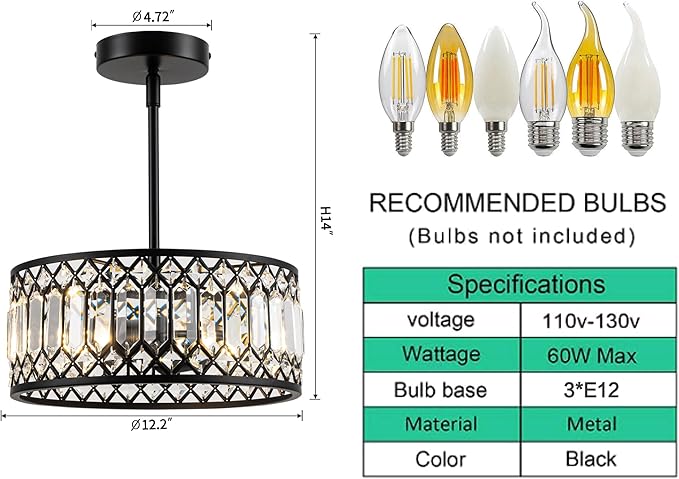 3-Light Crystal Ceiling Light, Modern Semi Flush Mount Light Fixture, Black Crystal Chandelier for Kitchen Bedroom Bathroom Entryway Hallway