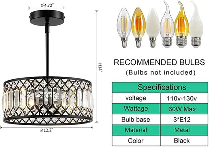 3-Light Crystal Ceiling Light, Modern Semi Flush Mount Light Fixture, Black Crystal Chandelier for Kitchen Bedroom Bathroom Entryway Hallway
