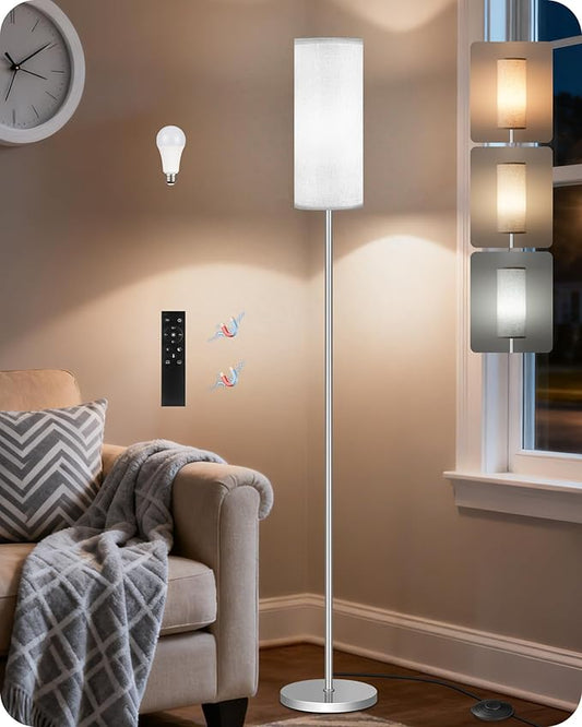Dimmable Floor Lamps for Living Room with Remote and Foot Switch, 64.4” Modern Standing Tall Lamp, Corner Lamp for Office, Bulb Included, 3000K-6500K, Silver and Off-White SW06LD05W1