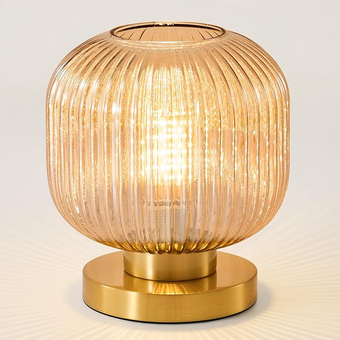Small Amber Glass Table Lamp: Mid Century Modern Dimmable Nightstand Lamps - Vintage Decor Brass Desk Lamp With Plug - Ribbed Glass Bedside Tables Lamps for Bedroom Living Room Office Bulb Excluded