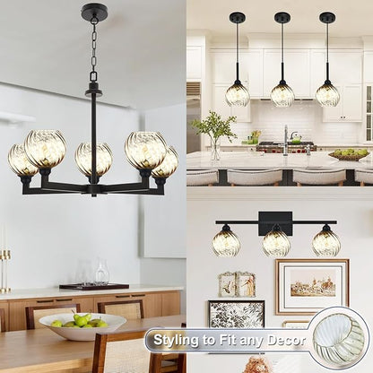 3 Pack Round Ripple Glass Globes for Light Fixtures Replacement, Clear Amber Glass Shade for Farmhouse Pendant Light Chandelier Wall Sconce, 1-5/8 Inch Fitter