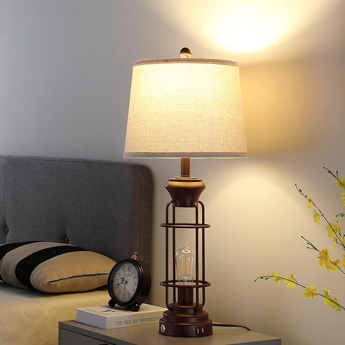 Table Lamps for Living Room Set of 2, 28" Tall Farmhouse Table Lamp with Oil Rubbed Bronze Finish, Bedroom Lamps for Nightstand with White Oatmeal Lampshade, 4 Bulbs Included