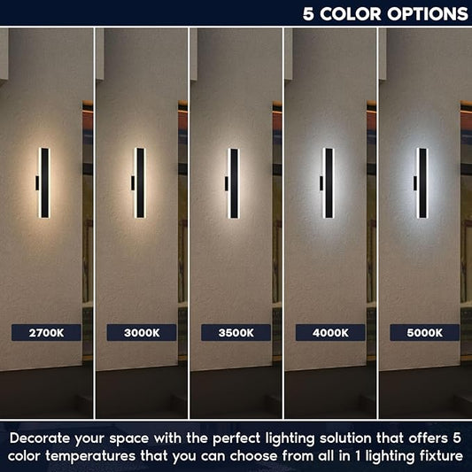 LUXRITE 24 Inch LED Outdoor Wall Sconce, 25W, 2000 Lumens, 5CCT Selectable (2700K–5000K), Dimmable, CRI 90, 120° Beam Angle, 120-277V, ETL Listed, Black – Modern Outdoor Light Fixture