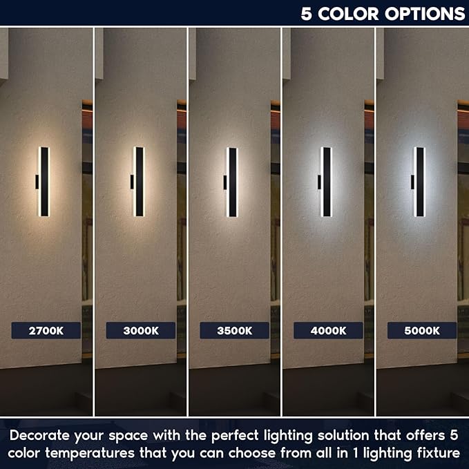 LUXRITE 24 Inch LED Outdoor Wall Sconce, 25W, 2000 Lumens, 5CCT Selectable (2700K–5000K), Dimmable, CRI 90, 120° Beam Angle, 120-277V, ETL Listed, Black – Modern Outdoor Light Fixture (2 Pack)