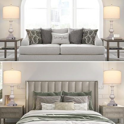 26" Farmhouse Table Lamps Set of 2, Rustic Touch Control Bedside Lamps with 2 USB Ports & AC Outlet, Vintage Resin 3-Way Dimmable Nightstand Lamp Linen Fabric Shade for Living Room Bedroom Decor Gray