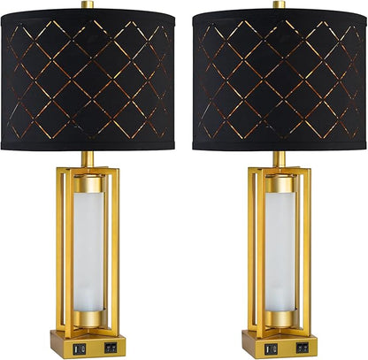 RORIANO Set of 2 Modern Table Lamps for Living Room Bedroom with USB C+A, Rustic Nightstand Lamps with White Night Light, Black Grid Shade, Desk Lamps for Bedside End Tables, 4 Bulbs Included (Gold)
