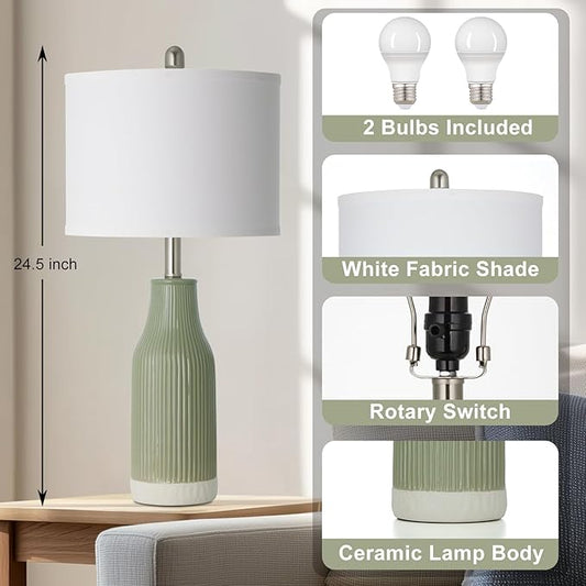 24.5" Modern Ceramic Table Lamp for Nightstand, Farmhouse Bedside Lamp for Bedroom, Small Table Lamp for Living Room End Table, Light Green (1 Pack)