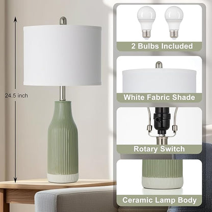 24.5" Ceramic Table Lamps Set of 2, Modern Farmhouse Bedside Lamps for Bedroom Nightstand, Small Light Green Lamp for Living Room End Table (2 LED Bulbs Included)