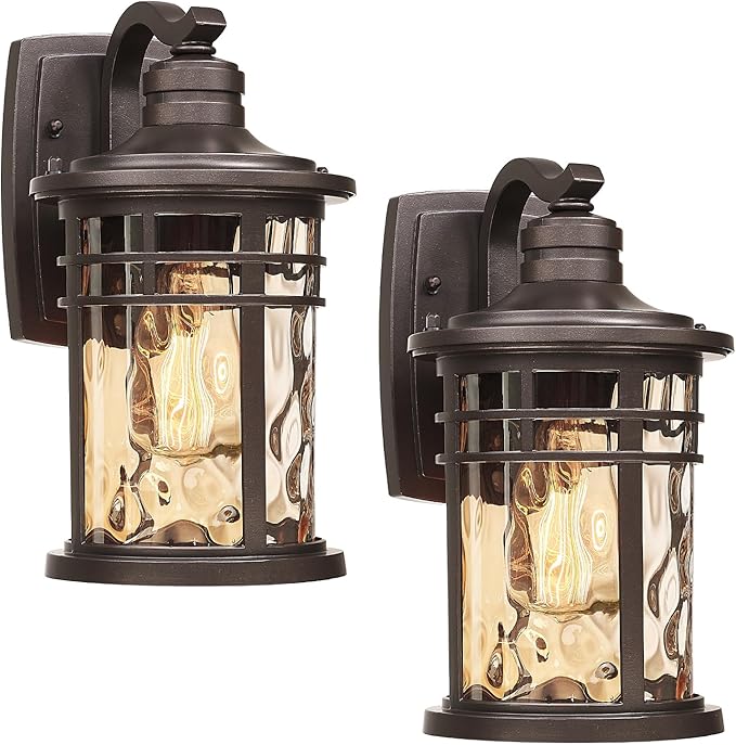 Darkaway Outdoor Wall Light Fixture,Outside Porch Lights Wall Mounted Amber Ripple Glass 2pcs Modern Exterior Waterproof Wall Sconce Lighting for House Front Door Garage